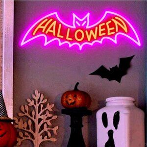 LED Bat Neon Sign Light with Dimmer and Chain for Halloween Bar Party Decor